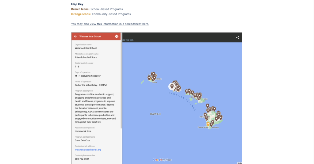Screenshot of Hawaii Afterschool Alliance Database Map